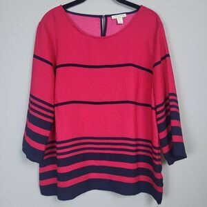 St Tropez West Womens Size Large Tunic Top Blouse Red Blue Stripe Long Sleeves